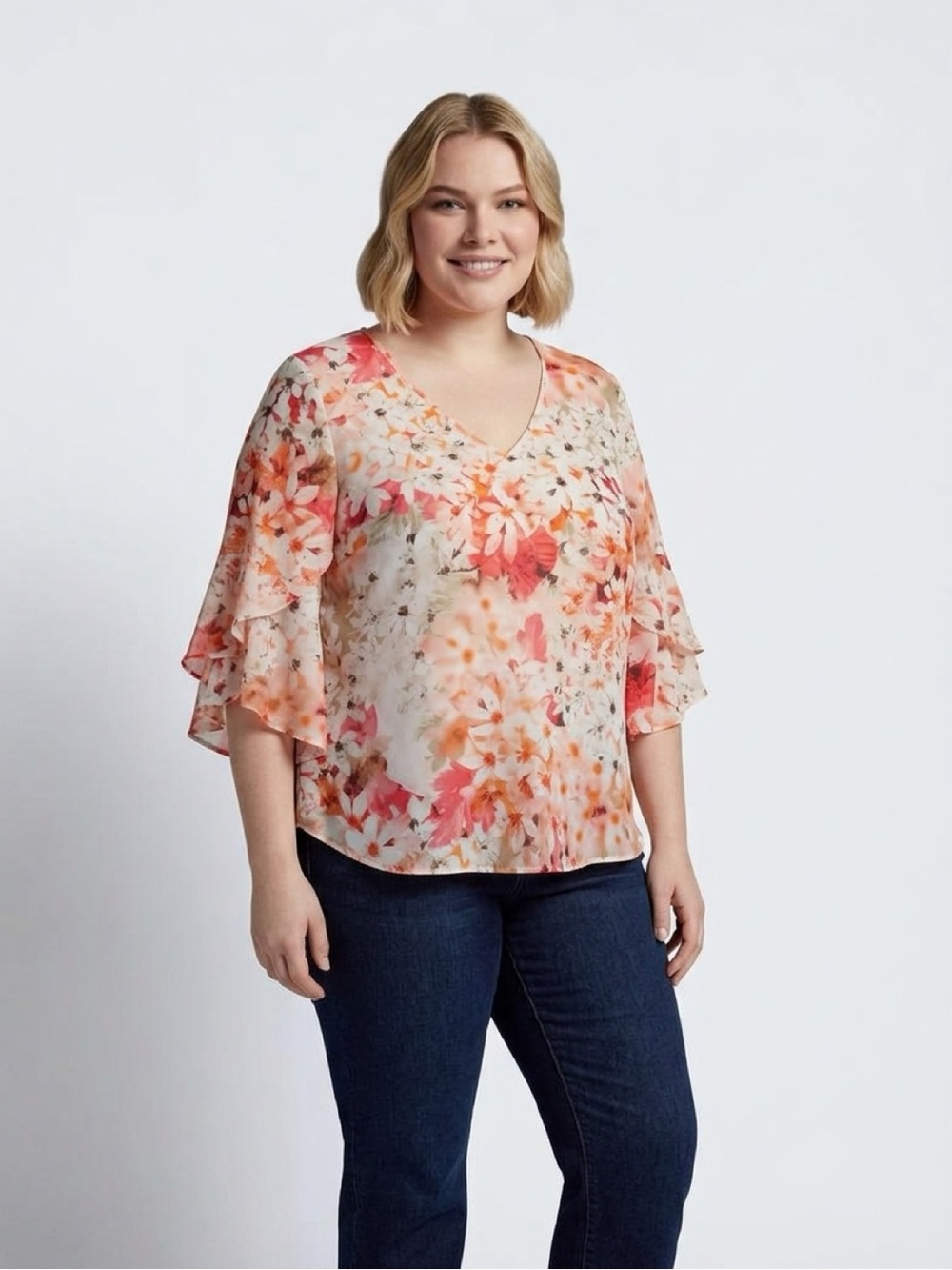 Calvin Klein Coral Floral V-Neck Blouse